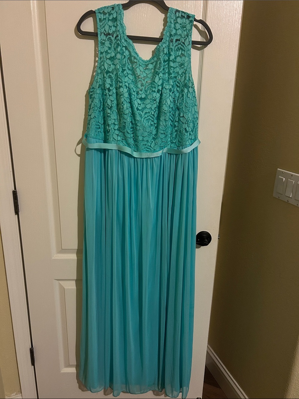 David's Bridal Teal Lace Bodice Chiffon Maxi Dress